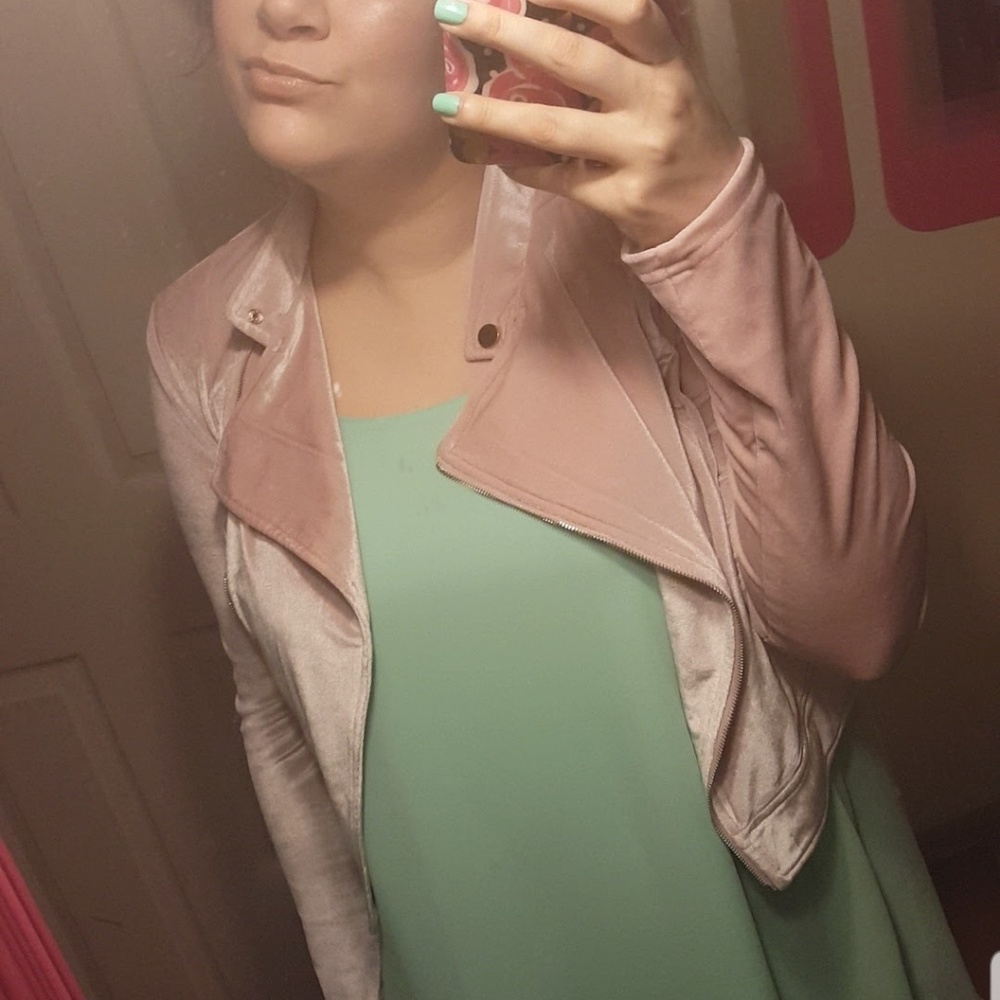 Agaci Pink Velvet Moto Jacket
